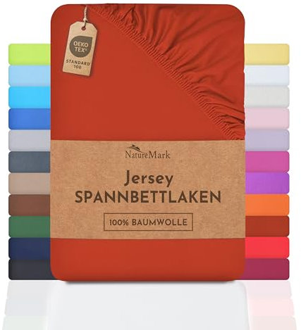 NatureMark Jersey Spannbettlaken, Spannbetttuch 100% Baumwolle in vielen Größen und Farben MARKENQUALITÄT ÖKOTEX Standard 100 | 200x220 cm +40 Steg - rost rot