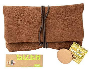 Premium Tabaktasche aus Wild-Leder - Separates Paper- & Filterfach - Tabak-Beutel aus Handarbeit - Hochwertige Dreher-Tasche für Tabak (Cognac Braun)