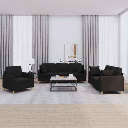 Owoxanthellate 3-teilige Sofagarnitur Schwarz 198 cm mit Sessel & 2-Sitzer Couch Robustes Stoff-Lounge-Set für Wohnzimmer Esszimmer Büro