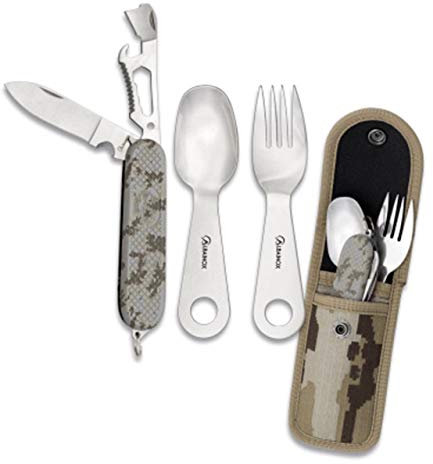 Set Cubiertos Camping Multicam Arido Set Cubiertos Marca: Albainox Color: Multicam Arido Incluye: - Navaja - Tenedor - Cuchara INLUYE 1 BOLIGRAFO con Cuerpo Acero