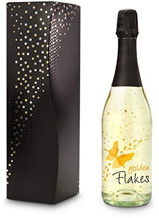 Römer Präsente Geschenkset Gold-Perlen: Golden Flakes Schaumwein mit echtem, lebensmittelechtem Blattgold (0,75 l); Funkelt beim Ausgießen; In schwarzer Geschenkbox mit Goldperlen Effekt