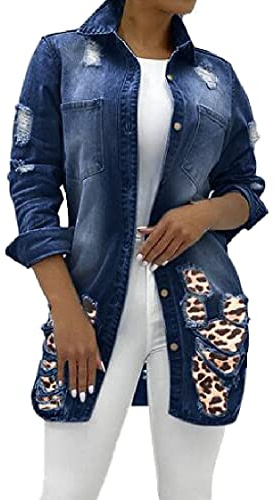 Jofemuho Women Button Down Loose Fit Long Plus Size Denim Jacket Trench Coat - blue - x-Large