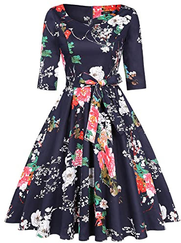 MINTLIMIT 1950s Dresses for Women A Line Dress Retro Short Sleeves Party Swing Dress Navy + Floral L