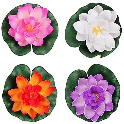 JIHUOO 4 piezas de espuma artificial de loto de agua de lirio flotante de flores de estanque de plantas de flores de loto impermeable para jardín, estanque, fuente de acuarios, decoración de 10 cm