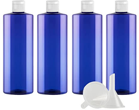 ZEOABSY 4 Pièces 500 ML Bleu Bouteille en Plastique avec Bouchon à Charnière Blanc, Épaule Plate Vider Bouteille Ronde en PET de Voyage pour Cosmétiques Liquides