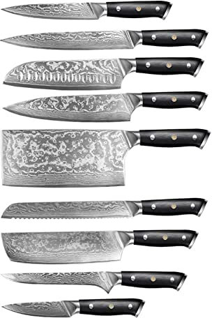 WERWER 9pcs Damas Kitchen Knives Set Japonais VG10 Saumon à Lame en Acier Cleaver G10 Handle Utility Petty Chef Knife Set Couteau