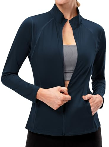 TERODACO Full Zip Running Jacket Women Long Sleeve Gym Top with Pockets | Lightweight UPF 50+ Ladies Sports Tops for Yoga Workout Fitness,Slim Fit Quick Dry Breathable