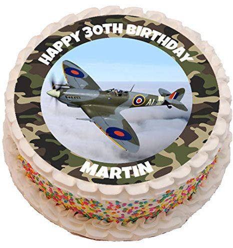 Spitfire Plane Personalised PRECUT Cake Topper 7.5 Inch Round Edible Icing Sheet Birthday Decoration