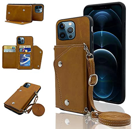 ELISORLI Phone Cover for iPhone 12 Pro Max 6.7 Wallet Case with Crossbody Shoulder Strap and Stand Leather Credit Card Holder Cell iPhone12promax 5G i 12s Plus iPhone12 12pro Promax Women Girls Brown