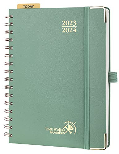 POPRUN Premium Kalender 2023 2024 Wochenplaner 21 x 16,5 cm, 17-Monate-Terminplaner Ringbuch (Aug.2023-Dez.2024), Planer Hardcover mit Plastiklineal, FSC®-Zertifiziertem Papier - Mitternachtsgrün