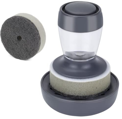 DAPOWER Dish Brush with Soap Dispenser, Kitchen Scrub Brush for Dishes Pots Pans Sink Cleaning, Scrub Sponge Dish Scrubber with Holder Set (Grey Handle & Scrub Sponge)