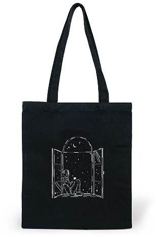 CLAMATO Tote bag tela in Cotone 35x40cm Borsa medie dimensioni resistente 340 g/m2 - Linea Thick (Ragazza alla finestra - nera)