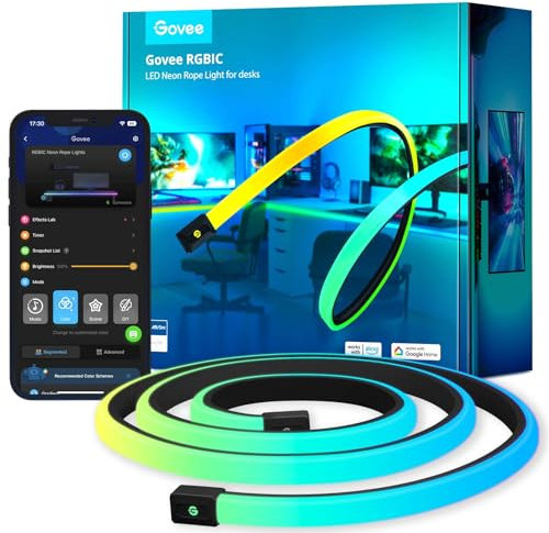 Govee Luci LED da Gioco RGBIC, 5m Luci a Corda Neon Morbide per Scrivania Gaming, Strisce LED Sincro con Razer Chroma, Controllo App Smart, con Taglio, 11 Modalità Musicali, 64+ Modalità Scena