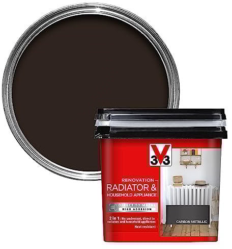 V33 Renovation Radiator & Household Appliance Paint - Direct to Metal & PVC - High Adhesion - Resistance To Temperature Variations - Carbon Metallic 750ml