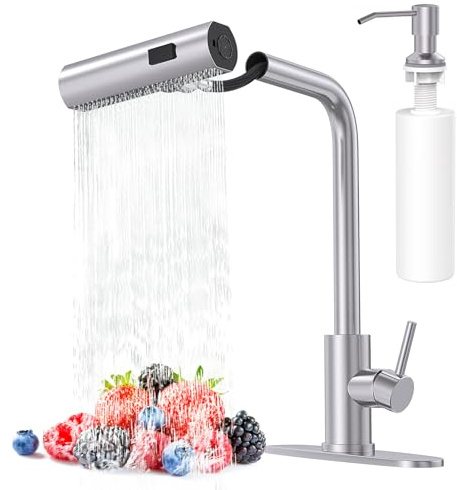 AVSIILE Brushed Nickel Kitchen Faucets with Pull Down Sprayer & Soap Dispenser, Single Hole & Handle, Pull Out Tap, Waterfall Stainless Steel Sink Faucet for Farmhouse Camper Laundry Rv Bar