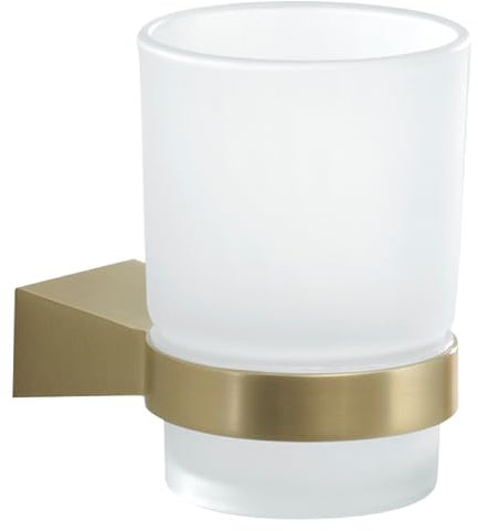 GEDY | Porta Spazzolino Tonale, Bicchiere Porta Spazzolino in Acciaio Inox, Cromall e Vetro Satinato, Fissaggio con Viti Incluse, Oro Matt, 9,5x6,7x9,5cm