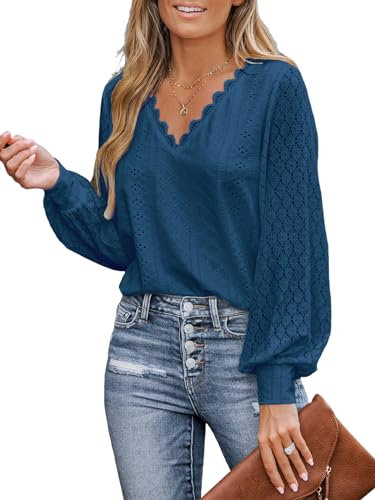 CUPSHE Women Blouse Cutout Scalloped Lace Top Long Lace Sleeves V Neck Banded Cuffs Chic Elegance Shirt Blue L