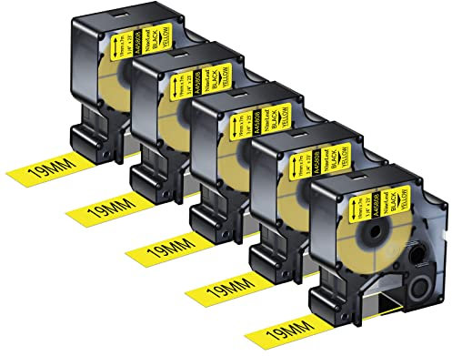 NineLeaf 5 Packung Ersatz für Dymo D1 45808 S0720880 A45808 19mm x 7m 0.7'' Bänder Schwarz auf Gelb Schriftband für LabelManager 160 210D 220P 120P 150 LabelPoint 100 150 200 250 Beschriftungsgerät