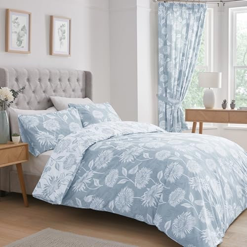 Dreams & Drapes Chrysanthemum Duvet Cover Set – Double 200x200cm – Reversible Blue Floral Bedding – Light & Dark Blue Design – 2 Pillowcases – Easy Care – Soft Touch – Elegant Bedroom Style