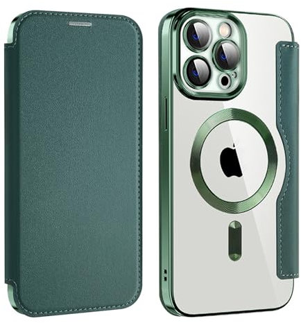 Bakicey Hülle für iPhone 15 Pro Klapphülle Kompatibel mit mag-Safe Kartenfach PU Leder Anti-Kratzer Handyhülle mit RFID-Sperre Schutzhülle Transparent Flip Case Cover für iPhone 15 Pro, Dunkel Grün