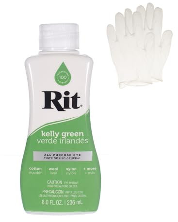 Rit Dye - Tinte líquido para tela, para manualidades, ropa y decoración, botella de 8 onzas, verde Kelly (guantes incluidos)