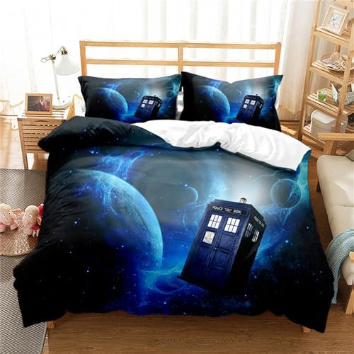 Ste-X 3-teiliges Doctor Who Kinderbettbezug, Bedrucktes Bettwäscheset Mit Reißverschluss, Weißer Wendbarer Kinderbettbezug (135x200cm,DW 04)