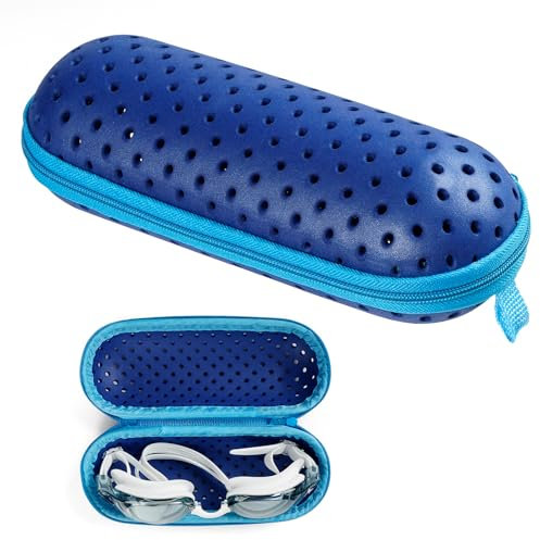 VichiPan Funda de Gafas de Natación, Funda Protectora de Gafas de Natación con Agujero de Drenaje, Funda Portátil de Cremallera con Clip de Mosquetón para Gafas de Sol Goggles (Azul Marino)