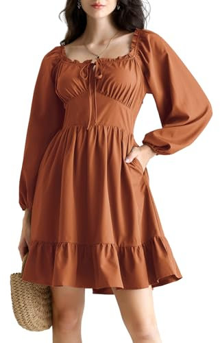 Scarlet Darkness Renaissance Corset Dress Long Lantern Sleeve Off The Shoulder Mini Dress, Red-brown, XL