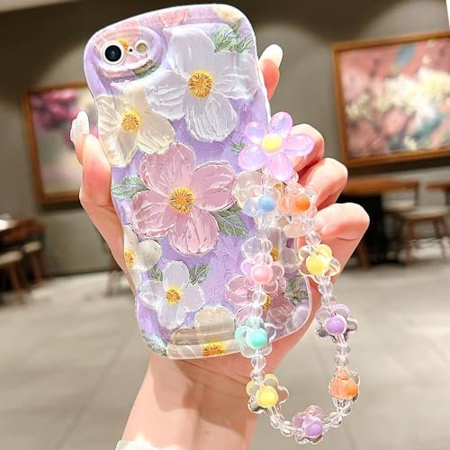 for iPhone 6 iPhone 6s Curly Wavy Case, Cute Colorful Retro Oil Painting Flower Glossy Pattern [with Bead Chain], Slim Fit Shockproof Protective Cover for Girls Women (Purple)