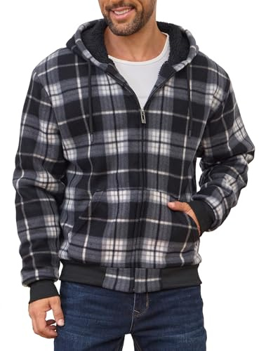 Felpe con cappuccio da uomo con zip intera in pile caldo spesso giacche pesanti foderate in sherpa, Nero/Bianco, 5X-Large