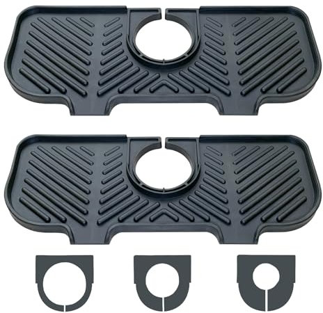 2PCS Kitchen Sink Splash Guard, Adjustable Bayonet Silicone Draining Mat Around Tap, 3 Aperture Faucet Guard & Draining Mat, Sink Tap Drainer Mat for Kitchen Bathroom Counter Drying
