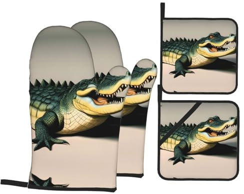 YYHHAOFA Big Mouth Krokodil bedruckte Küche Backen vierteiliges Set – isolierter Ofenhandschuh und Topflappen, dick und langlebig