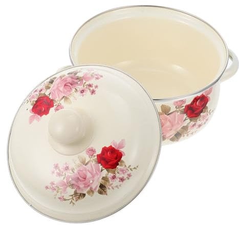 PHENOFICE Pentola Retro per Stufati Due Manici Pentola Smaltata Coperchio per Brodo Ricco e Zuppe Utensile da Cucina per Cucinare Noodles e Porridge Casa