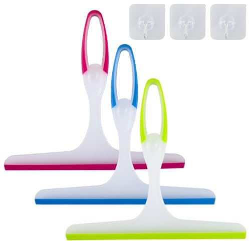 Ensemble de 3 raclettes pour Cabine de Douche avec 3 Crochets adhésifs, Lame en Caoutchouc, Raclette de Douche - Lame en Caoutchouc, Pratiques pour Nettoyer miroirs et Verres