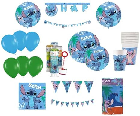 Kit Compleanno Stitch per 24 Persone - Set Festa 119 Pezzi con Piatti, Bicchieri, Tovaglioli, Palloncini, Tovaglia, Festoni, Bolle di Sapone e Decorazioni - Addobbi Tema Stitch per Bambini