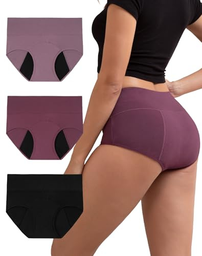 INNERSY Period Pants Light Flow High Waisted Menstrual Underwear Pack of 3 | Leak Proof Cotton Knickers, Washable Full Briefs, Reusable Panties, Back-up Extra Protection, Tag-free, After Birth/C Section