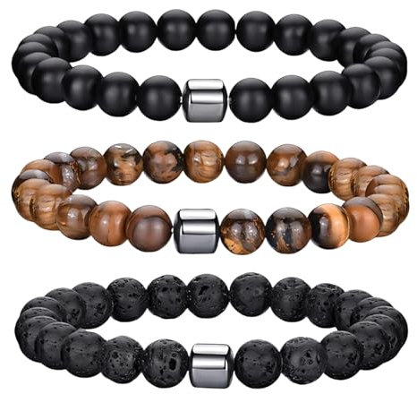Landrain 3 Stücke 8 MM Perlenarmband Herren, Tigerauge Armband, Natur Lavastein Armband