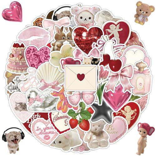 DIWSO 50 Pcs Cute Pink Stickers for Scrapbook, Laptop, Snowboard, Suitcase, Scrapbook, Skateboard,Luggage, Graffiti,Teenager, Boy, Girl, Sticker,Waterproof