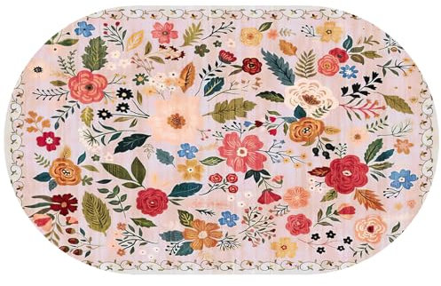 KTYUTJDH Ovaler Teppiche,Modern Multicolor Floral Creme Weiß Rot Grün Blau,bunt,Oval 160 x 180 cm Teppich Kurzflor Weich für Deko Sofa Wohnzimmer, Schlafzimmer, Esszimmer,