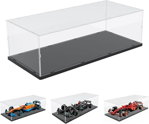 DuvinDD Acryl Vitrine 3mm für LEGO F1 1/8,Koenigsegg 42232,McLaren P1 42172 | Schaukasten mit LEGO Aston Martin 42240,MCL39 42228,Staubdichte Transparente Displaybox mit Schwarz,Innenmaß 65×35×20cm