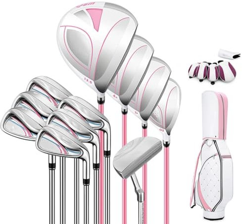 Golfschläger-Set for Rechtshänder, 11-teiliger Kompletter Golfschläger for Damen, Driver (Titanlegierung) + 4,7 Holz (Edelstahl) + U5 + 6,7,8,9,P,S Eisen + Putter + Balltasche(Steel Pole)
