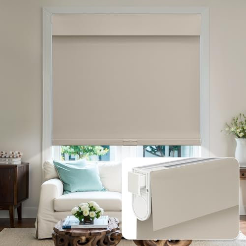 Keego Cordless Roller Blinds Easy Install No Tools No Drill Blinds for Windows Waterproof Blackout Shades for Kitchen Bedroom Bathroom Living Room (Latte, Custom Size)