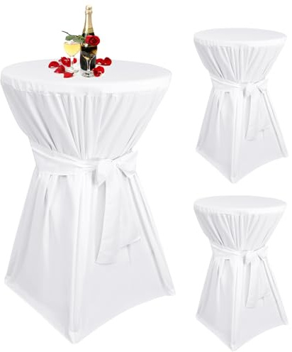 Teruntrue 3 Stück stehtisch hussen weiße,Stehtischhusse weiße für Ø 60-65 cm Stehtische und Bistrotische, Tischdecke aus Polyester mit Fußtaschen