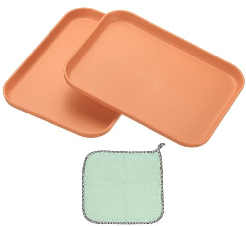 PATIKIL 7.9x5.9 Plastic Tray, 2 Pack Rectangular Plates Small Food Tray Wheat Plates Dishes Reusable Dessert Plate Trays with Cloth for Cake Fruits Salad Cupcake Steak Serving Orange