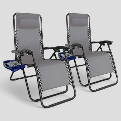 Pincho Tumbona Jardín Exterior Plegable de Gravedad Cero - Pack 2 Sillas Reclinables o Hamacas para Playa, Terraza y Camping con Portavasos, Ligeras y Cómodas (Gris)