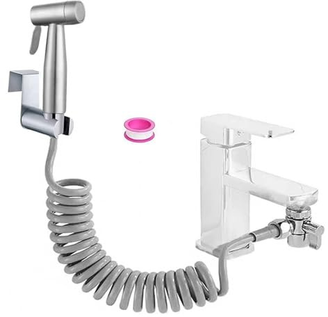 Bidet - Doccetta a mano in acciaio inox, con dispenser per rubinetto, tubo a molla, supporto da parete, colore argento