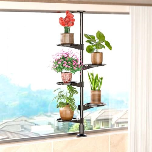 Indoor Plant Stand - 5-Tier Metal Display Rack for Flower Pots - Adjustable Spring Tension Rod - Creative Corner Storage Shelf