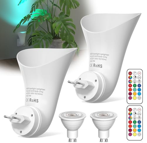 BrightArk Plug in GU10 Wandfluter Steckdosenlampe - Spotlights mit GU10 Fassung, Steckdose Lampe mit Stecker, Indirekte Wandbeleuchtung Innen, Kleine Nachttischlampe, 2 Stück, mit LED RGB Lampe