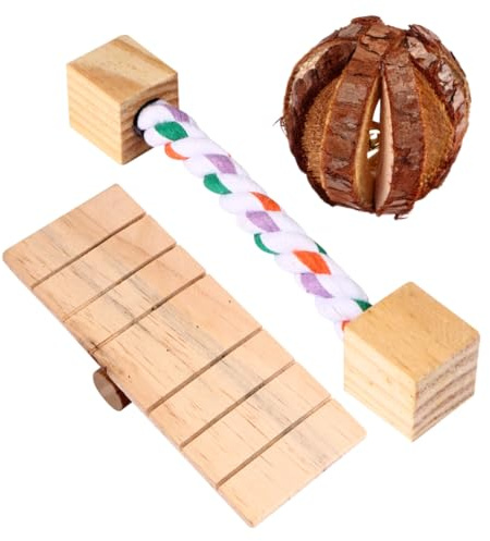SOIMISS Wooden Hamster Chew Toy 3pcs Set with Bark Fruit Ball, Cotton Rope Block, and Teeter Totter Small Pet Molar Toys for Hamsters and Small Animals