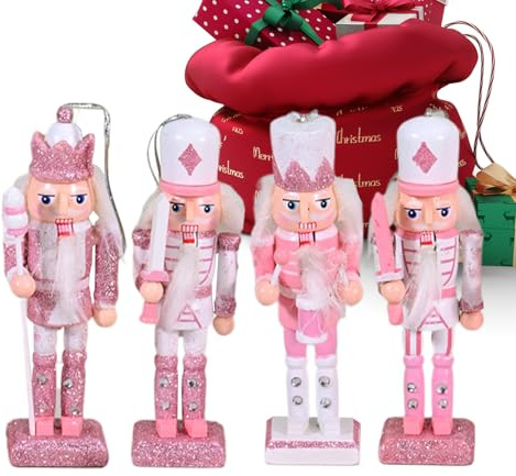 Arroopu Nussknacker Weihnachtsdekoration,Festliche rosa Weihnachtsdekoration für e 4 Stücke,Holz Deko Figuren Sammlerstücke Für Feiertage Wohnzimmer Küche | Wohnzimmer Schrank Esstisch Schlafzimmer